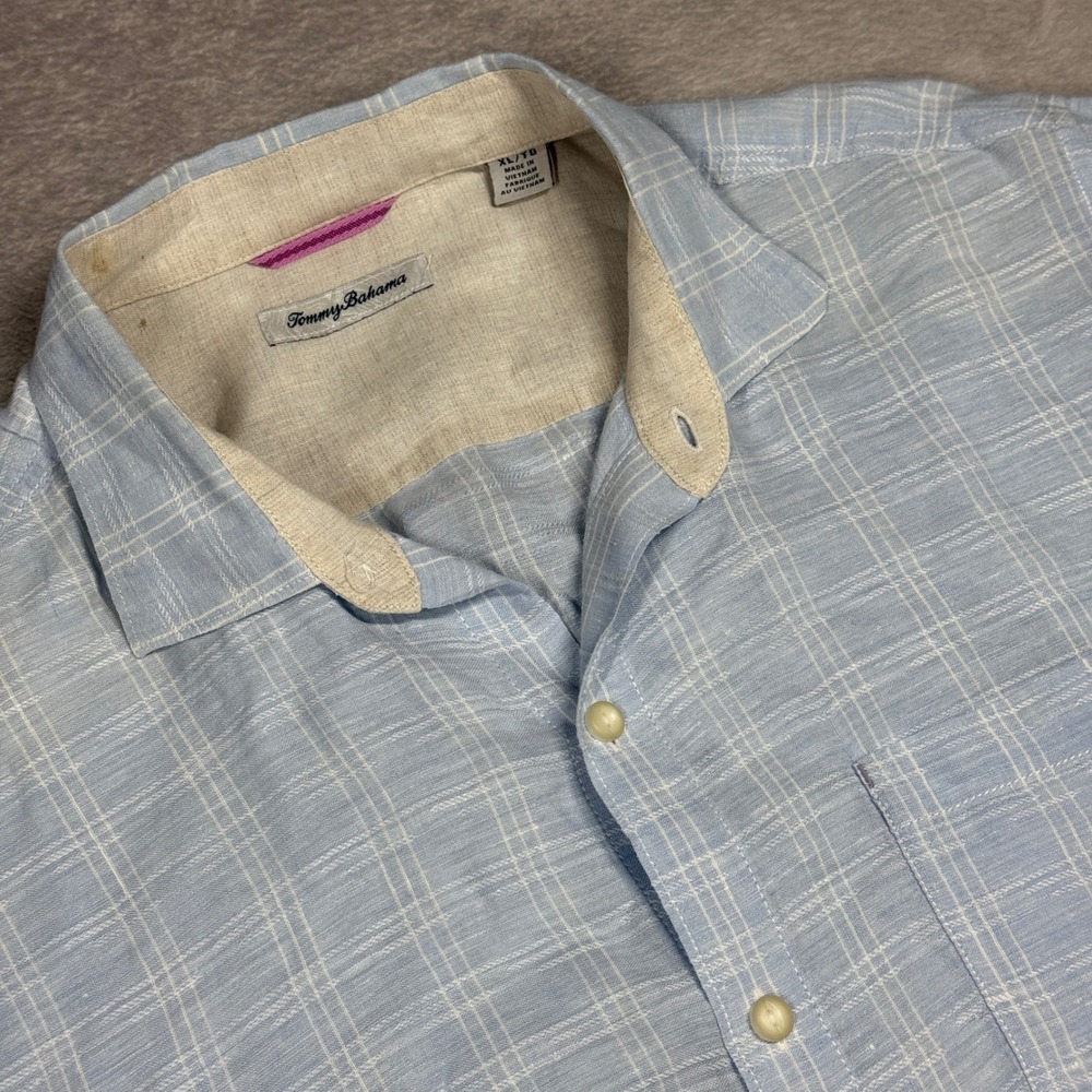Tommy Bahama Button Down Shirt Mens XL Blue Plaid Linen Long Sleeve Casual